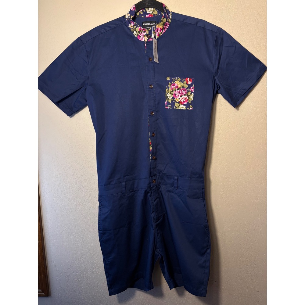 RomperJack Mens Navy Blue Floral Trim Short Sleeve Romper Size Large NWT